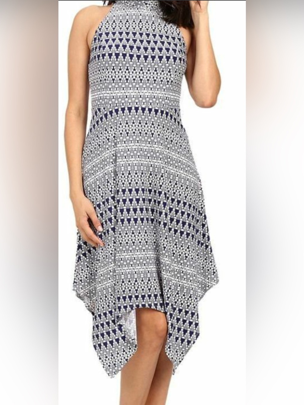 Jessica Simpson Dress Blue & White Midi Hanky Hem Mock Neck Sleeveless Jersey 8👍